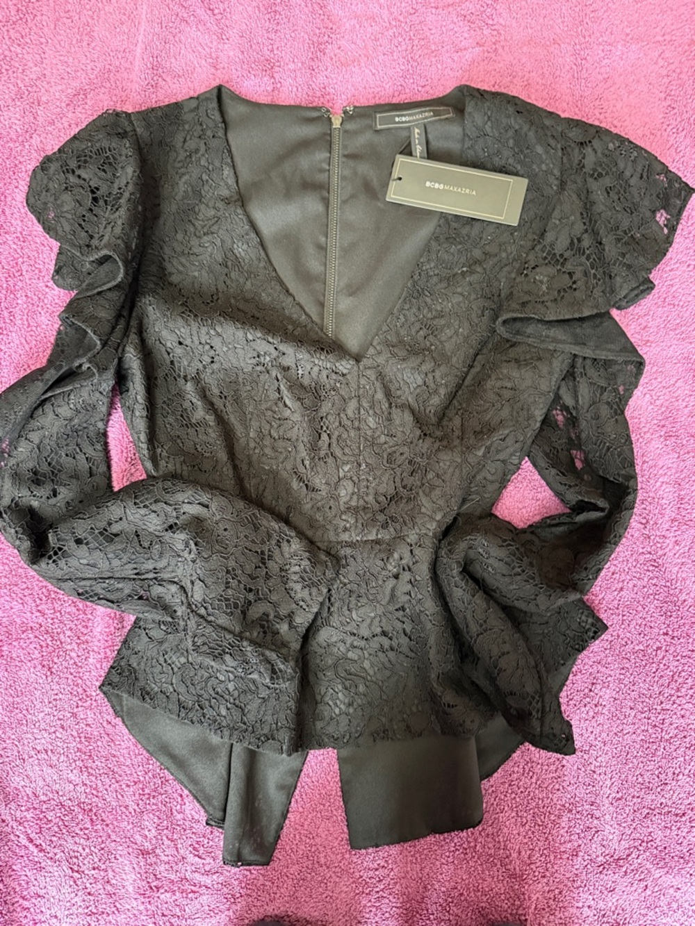 BCBGMaxAzria Black Lace Peplum Top with Ruffle Sleeves